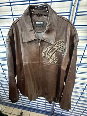 Pelle Pelle Brown Leather Zip Bomber Jacket with Embroidered Chest Logo